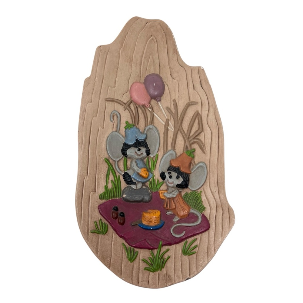 Vintage 1976 Arnels Whimsical Mouse Picnic Wall Art Hand Painted Ceramic Plaque